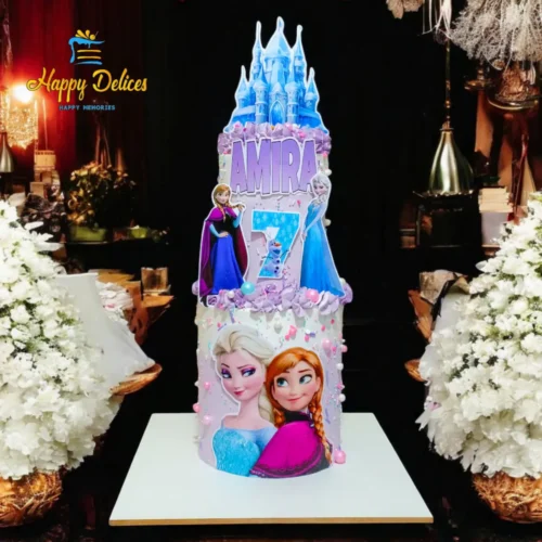 Frozen Elsa & Anna Birthday Cake with Castle Topper for Girls | Happy Delices Frozen princess birthday cake featuring Elsa, Anna and a castle topper for Amira's 7th birthday
