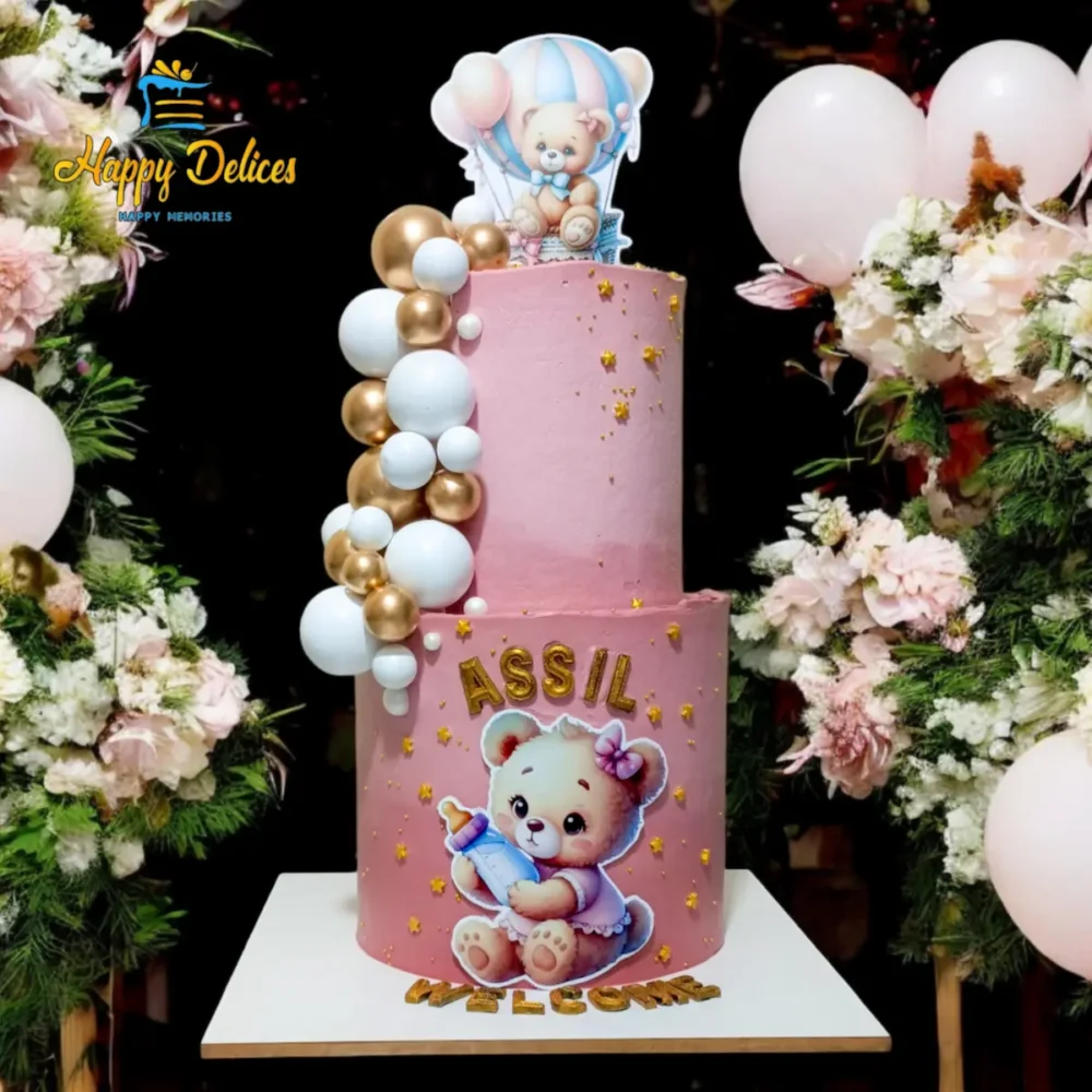 Pink Teddy Bear Baby Shower Cake with Balloon Topper | Happy Delices Pink teddy bear baby shower cake with hot air balloon topper and personalized name Assil
