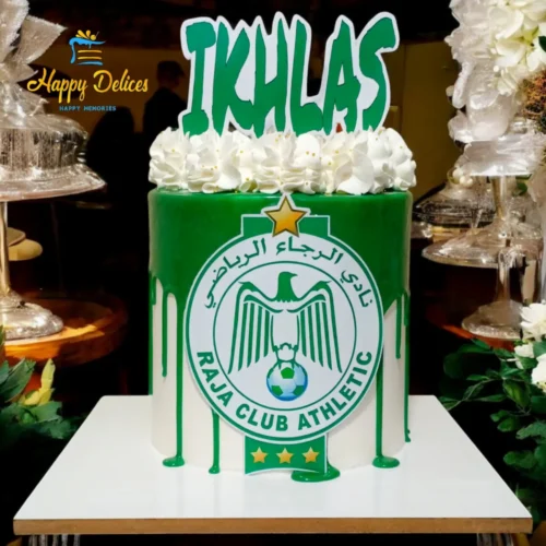 Raja Club Athletic Football Birthday Cake | Happy Delices Agadir Raja Club Athletic themed birthday cake with green drip design and personalized name Ikhlas