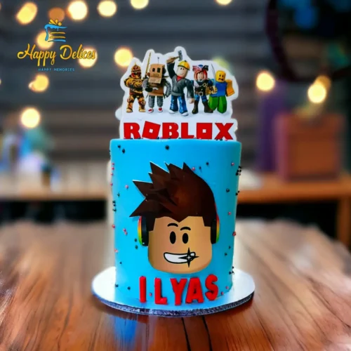 Roblox Birthday Cake for Kids | Custom Gaming Cake by Happy Delices Blue Roblox birthday cake with gaming characters and personalized name Ilyas
