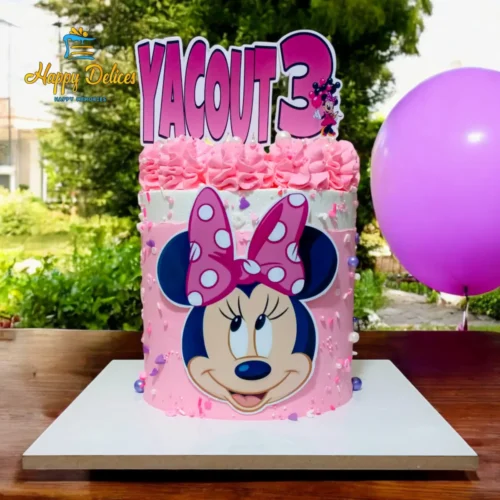 Personalized Minnie Mouse Birthday Cake for Girls | Happy Delices Agadir Pink Minnie Mouse themed birthday cake personalized for Yacout's 3rd birthday with pink buttercream and Minnie decorations